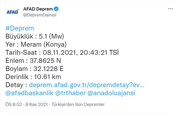 son dakika konya da 5 1 buyuklugunde deprem afad ve kandilli rasathanesi duyurdu son dakika haberler