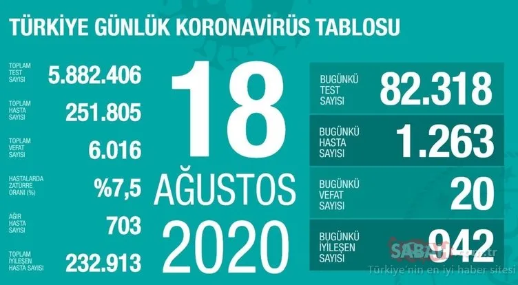 SON DAKİKA HABERİ! 23 Ağustos Türkiye’de corona virüs vaka ve ölü sayısı kaç oldu? 23 Ağustos 2020 Pazar Sağlık Bakanlığı Türkiye corona virüsü günlük son durum tablosu…