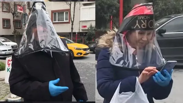 İstanbul'da bir çift, corona virüse karşı kafalarına taktıkları şeylerle sosyal medyada olay oldu 'Karım isteyince...' | Video
