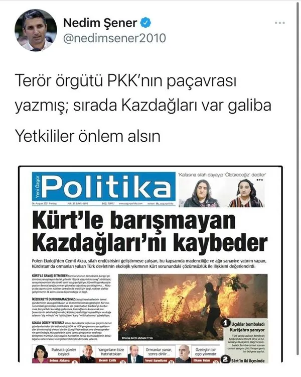Yangınlar sürerken PKK&#39;nın gazetesi Kaz Dağlarını işaret etti! - Son Dakika  Haberler