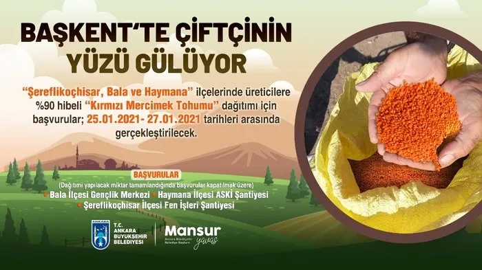 Ankara Büyükşehir Belediyesi’nden üç ilçede 400 ton “kırmızı mercimek” tohumu hibesi
