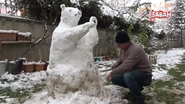 Heykeltıraşlara taş çıkarttı, kardan ayı yaptı | Video