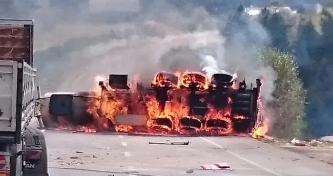 Alkol yüklü tanker alev alev yandı