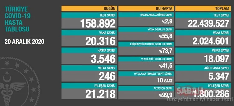SON DAKİKA - 20 Aralık koronavirüs tablosu ile Türkiye corona virüsü vaka sayısı! Sağlık Bakanlığı korona son durum verileri…