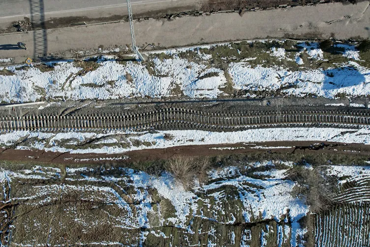 Gölbaşı’nda yamulan tren rayları havadan görüntülendi