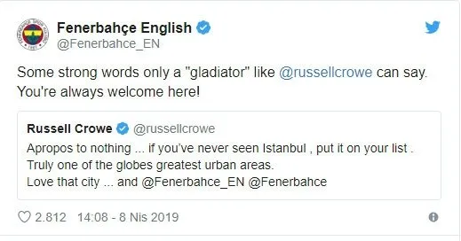 Russell Crowe’dan sürpriz Fenerbahçe paylaşımı