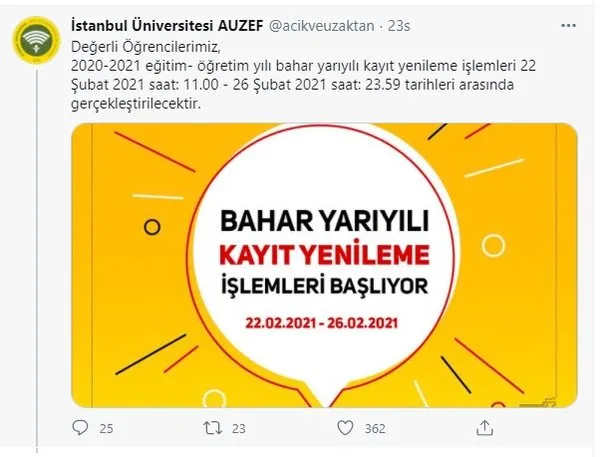 2021 iu auzef kayit yenileme islemleri bugun basladi auzef kayit yenileme nasil yapilir son gun ne zaman son dakika egitim haberleri