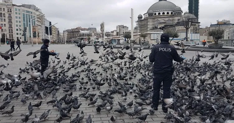 Taksim’de aç kalan güvercinleri polisler besledi