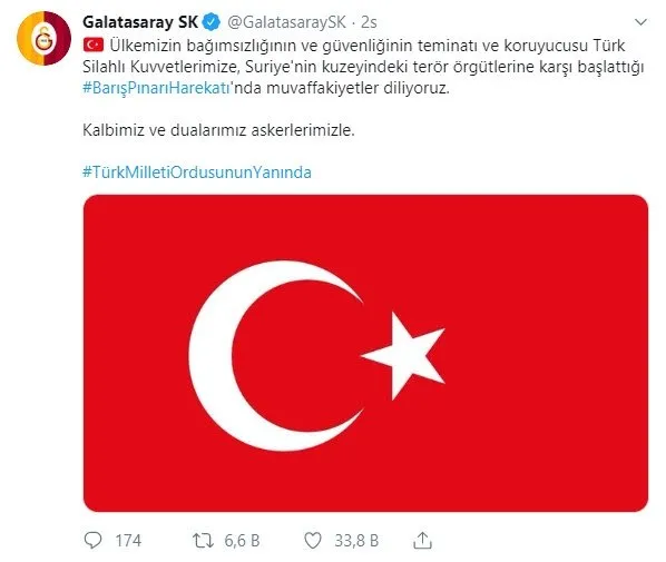 Futbol camiası, Barış Pınarı Harekatı için tek yürek oldu