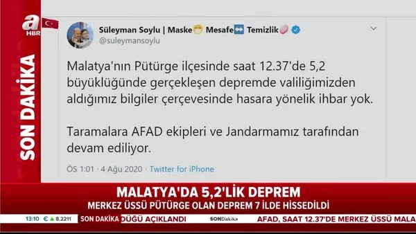 Son Dakika Haberi: İçişleri Bakanı Soylu'dan Malatya'daki 5,2'lik deprem hakkında flaş açıklama 