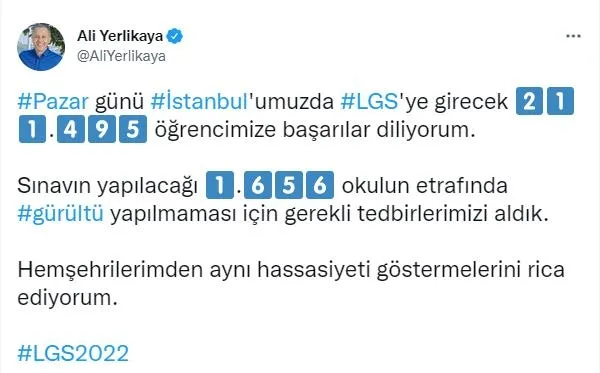 Vali Yerlikaya: LGS sınavının yapılacağı okulların çevresinde tedbirler alındı