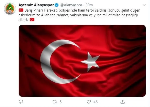 Süper Lig ekiplerinden Barış Pınarı Harekatı şehitleri için başsağlığı mesajları!