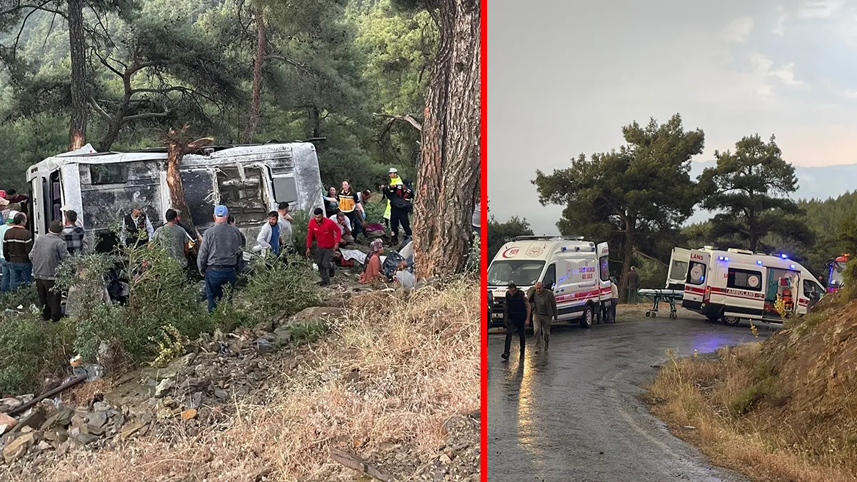 İzmir Bayındır'da şarampole devrilen işçi servisi kaza yeri