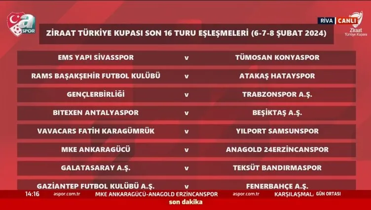 Ziraat Türkiye Kupası’nda son 16 turu maçları ne zaman, hangi tarihte, saat kaçta ve hangi kanalda canlı yayımlanacak?