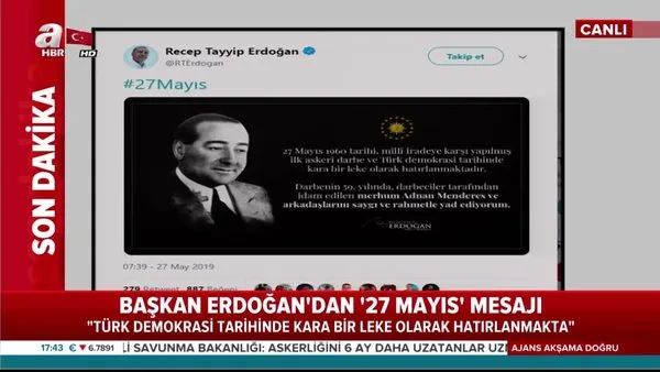 Başkan Erdoğan'dan 27 Mayıs mesajı