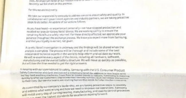 Samsung’dan tam sayfa özür mektubu