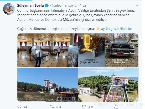 Bakan Soylu, Adnan Menderes Müzesi için sosyal medyadan çağrı yaptı