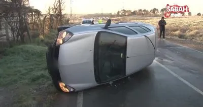 Büyükçekmece’de buzlanan yolda araç yan yattı | Video