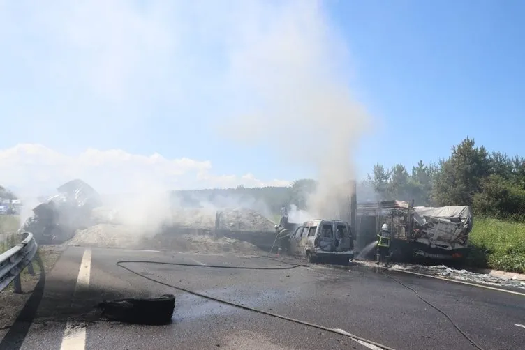 TEM Otoyolu’nda 3 araç alev alev yandı