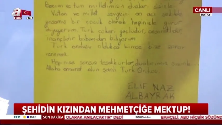 Fırat Kalkanı şehidi Binbaşı Bülent Albayrak'ın kızından ağlatan mektup