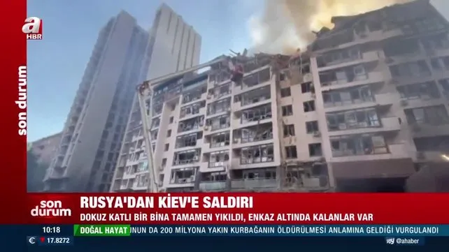 SON DAKİKA! Rusya Kiev'i yeniden vurdu! 9 katlı bina yıkıldı, enkaz altında kalanlar var | Video
