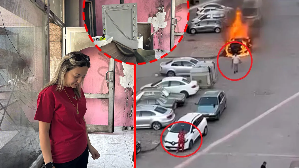 Ankara'da kundaklanan güzellik salonu ve otomobilin itfaiye tarafından söndürülme anı.