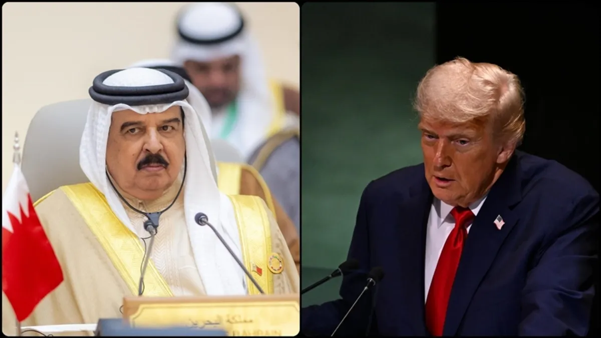 ABD Başkanı Donald Trump ve Bahreyn Kralı Hamed bin İsa Al Halife'nin diplomatik bir toplantıdaki temsili görseli.