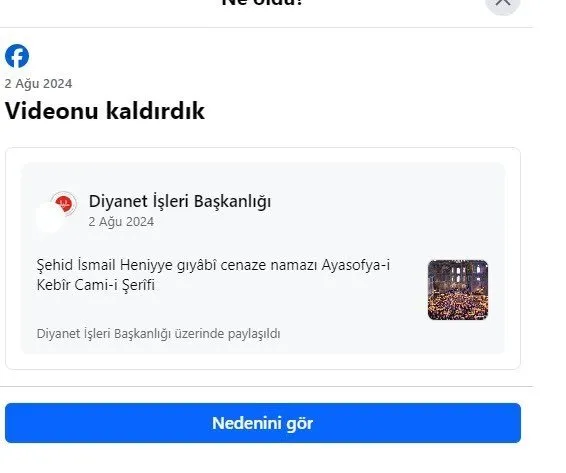 Instagram’dan sonra Facebook’tan da sansür skandalı: Diyanet’in Haniye videosunu kaldırıp 1 ay yayın yasağı getirdi!