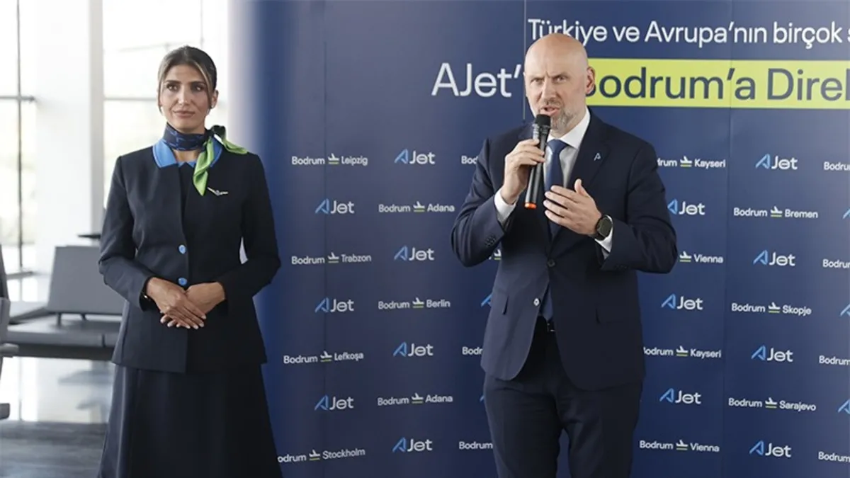 AJet'in Bodrum'dan Avrupa'ya başlattığı direkt uçuş seferlerini gösteren görsel.
