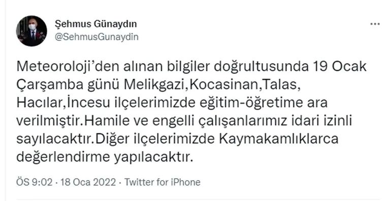 Kayseri’de 6 ilçede eğitime kar engeli