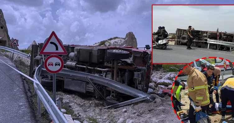 Nevşehir’de korkutan kaza! Kontrolden çıkan kamyon yol kenarına devrildi: 2 yaralı