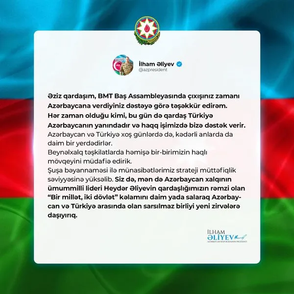Aliyev’den Başkan Erdoğan’a teşekkür