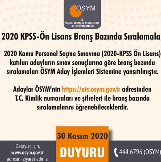 osym ile 2020 kpss onlisans brans