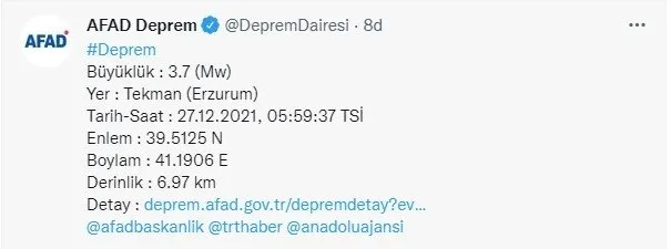AFAD son dakika duyurdu! Erzurum’da deprem oldu! 27 Aralık Pazartesi son depremler listesi!