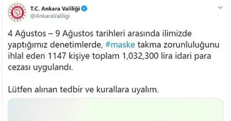 Ankara’da maske takmayan 1147 kişiye 1 milyon lira ceza