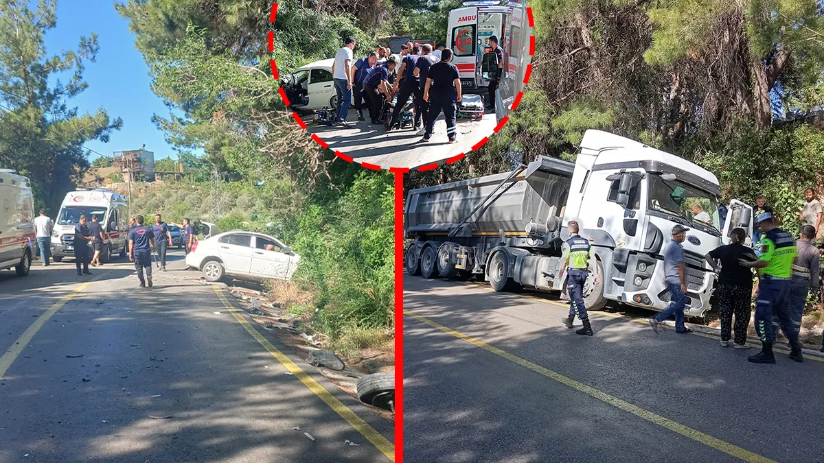 Osmaniye'nin Kadirli ilçesinde meydana gelen trafik kazasında hafriyat kamyonu ile otomobilin çarpışması.
