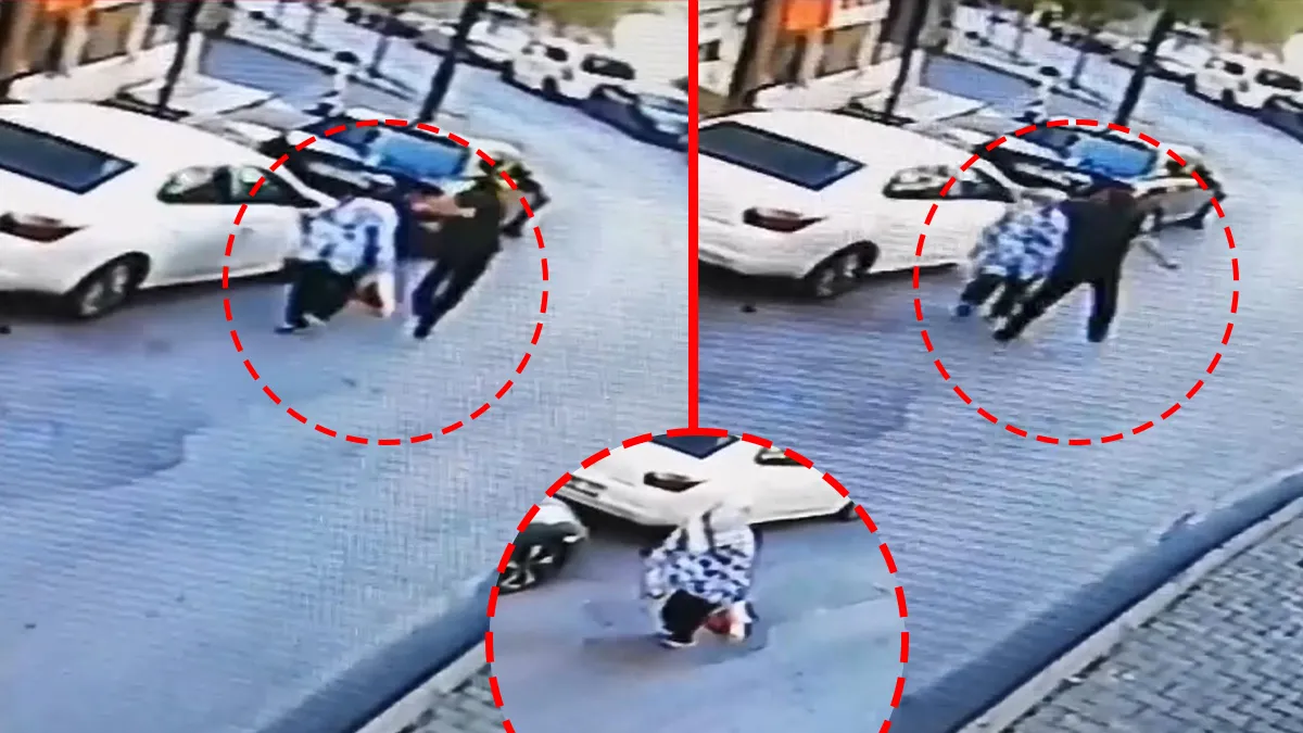 Şişli'de sokakta yürüyen bir kadına arkasından yaklaşarak yumruk atan bir saldırganın görüntüsü.