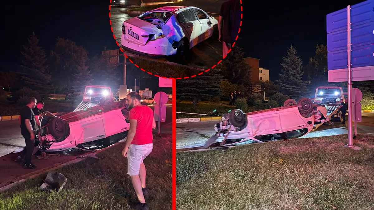 Erzurum'da refüje çıkarak elektrik direğine çarpan ve takla atan otomobil