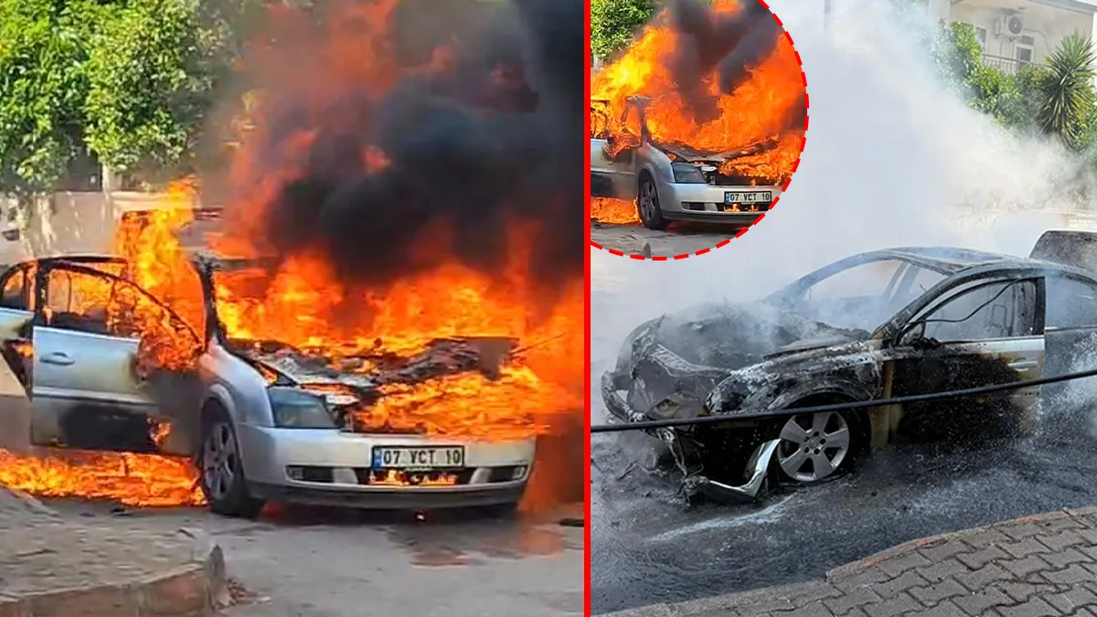 Antalya'da seyir halindeki bir otomobilin alevler içinde kaldığı an.