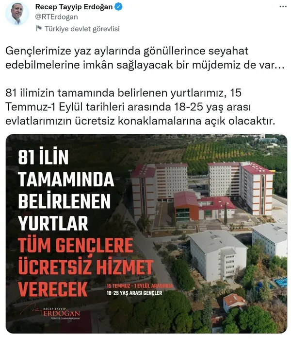 SON DAKİKA: Başkan Erdoğan'dan gençlere güzel bir haber daha! 15 Temmuz - 1 Eylül arasında KYK'lar ücretsiz