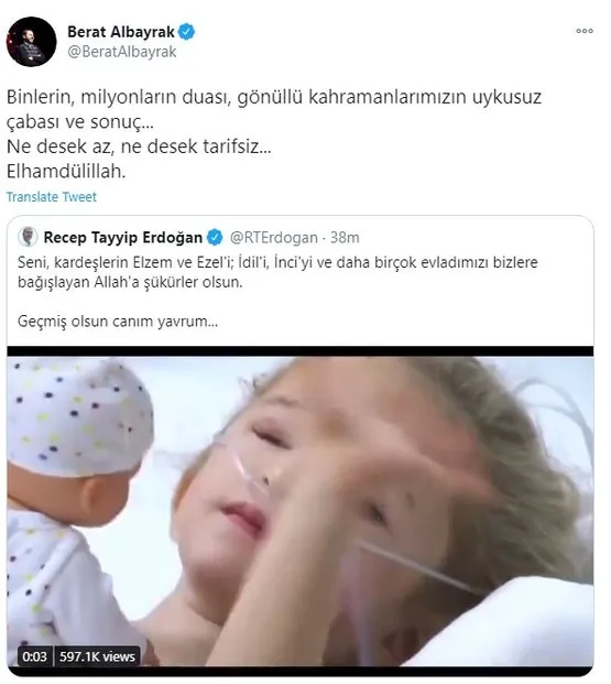 Hazine Ve Maliye Bakani Berat Albayrak Depremden Yarali Kurtulan Elif Icin Gecmis Olsun Mesaji Yayimladi Sabah Haber Ofisi