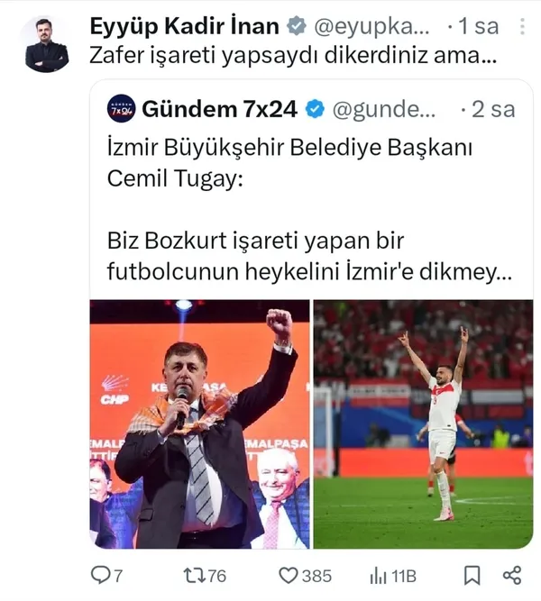 izmirde-bozkurt-tartismasi-zafer-isareti-yapsaydi-dikerdiniz-1723553671118.jpg Cemil Tugay'dan bozkurt tartışması! Merih Demiral'ın heykelini diktirmeyiz sözlerine tepki gecikmedi: Zafer işareti yapsaydı...