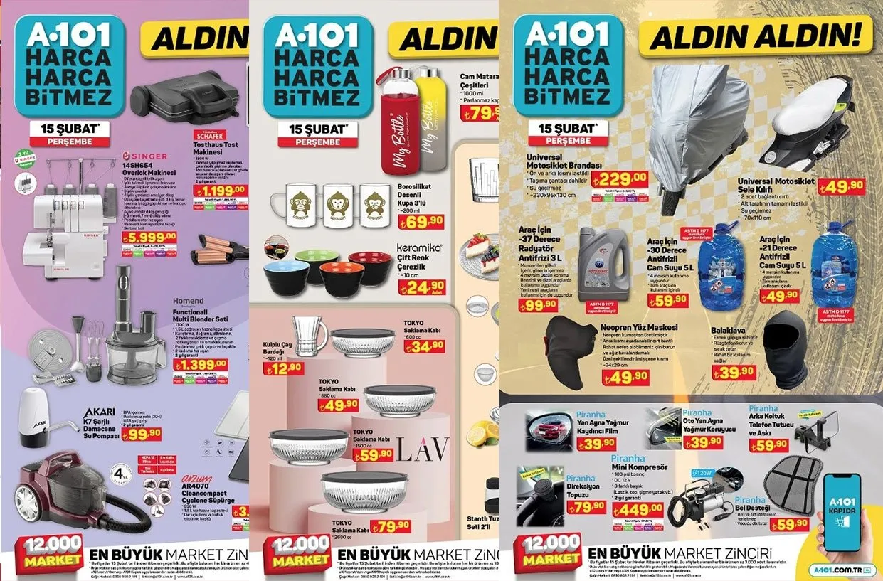 A101 AKTÜEL KATALOG 15 Şubat Perşembe raflarda! Overlok makinesi, maşa, blender... Haftanın A101 aktüel ürünler indirimleri