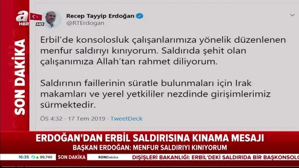 Cumhurbaşkanı Erdoğan'dan Erbil saldırısına kınama mesajı