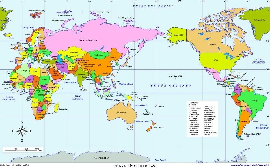 Gerçek Dünya Haritası - Büyük Dünya Siyasi Haritası ile Renkli, Yüksek