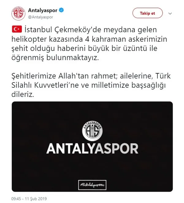 Futbol camiasından Çekmeköy'de şehit olan askerlerimiz için taziye mesajları