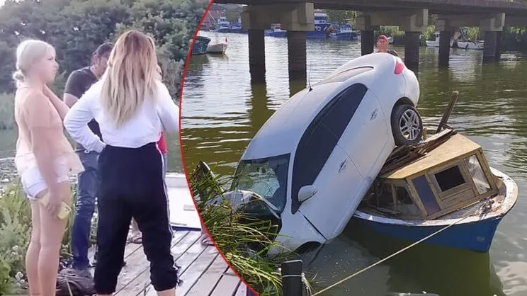 Düzce'de kadın sürücü otomobilini nehir kenarındaki teknenin üzerine çıkardı | Video