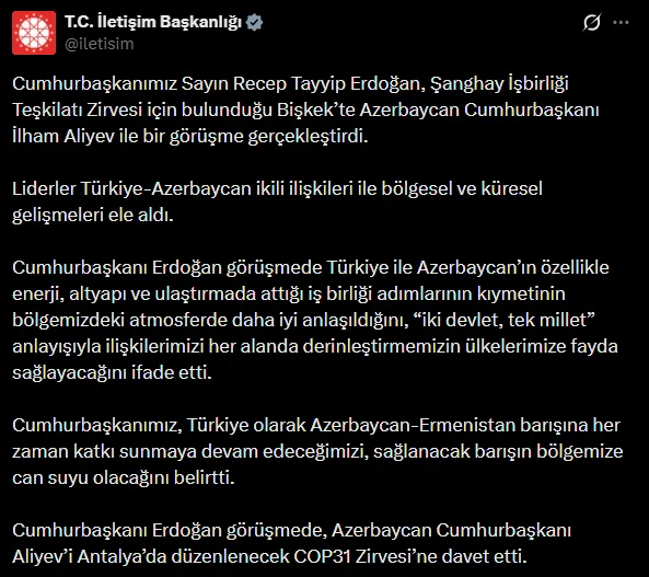 SON DAKİKA | Başkan Erdoğan, Şanghay Zirvesi için Bişkek'te