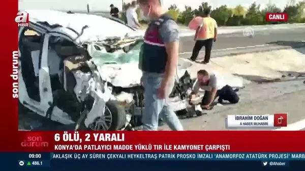 Konya'da feci kaza! Patlayıcı yüklü TIR'la otomobil çarpıştı... 6 ölü! Olay yerinden ilk görüntüler...