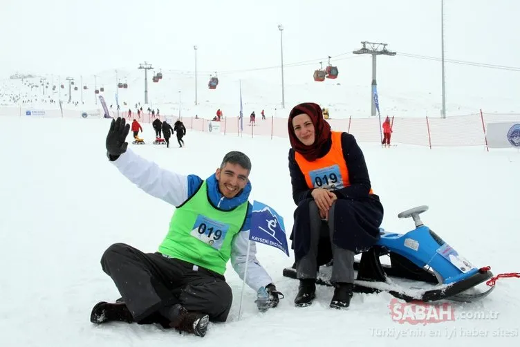 Erciyes’te eşler arası kızak çekme yarışması yapıldı